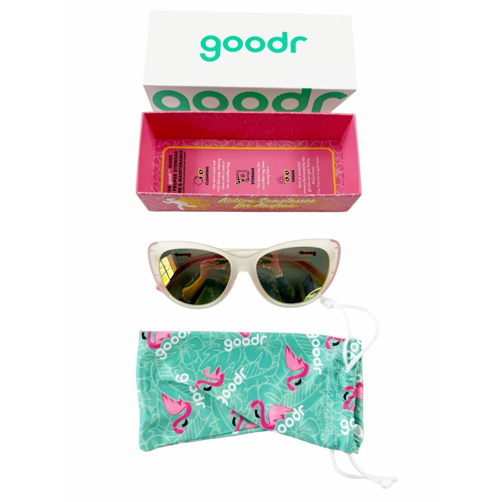 Goodr Rainbow Runway Ready Sunglasses White Pink Mirrored Lens w/ Box Pouch